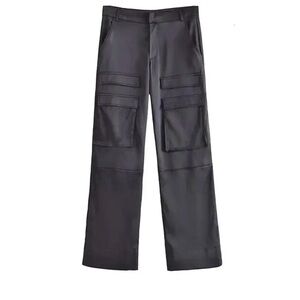 Zara Satin Effect Cargo Pants XS Black Wide Leg High Rise Utility worn once $128